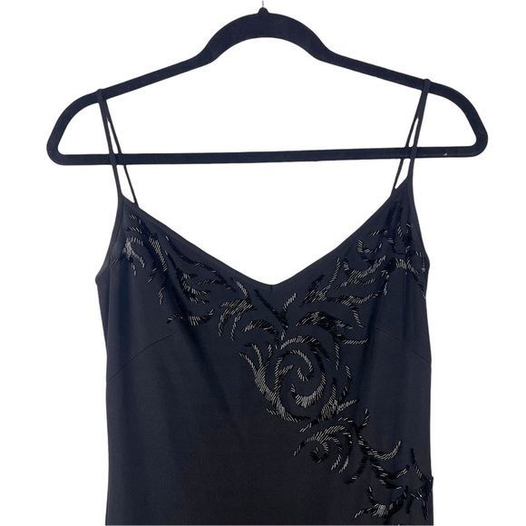 TADASHI SHOJI 90'S SPAGHETTI STRAP CAMI ASYMMETRIC HEM BEADED BLACK SLIP DRESS - Picture 5 of 16